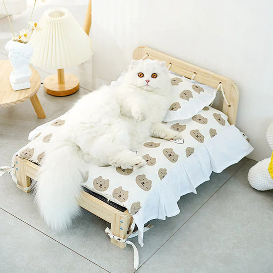 Solid Wood Cat Bed with Washable Cushion