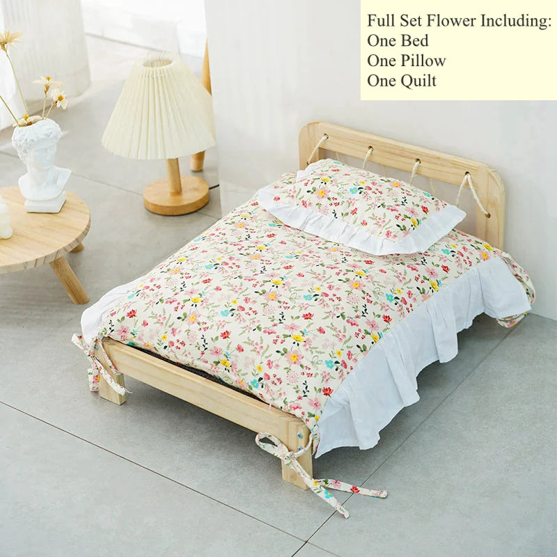 Solid Wood Cat Bed with Washable Cushion