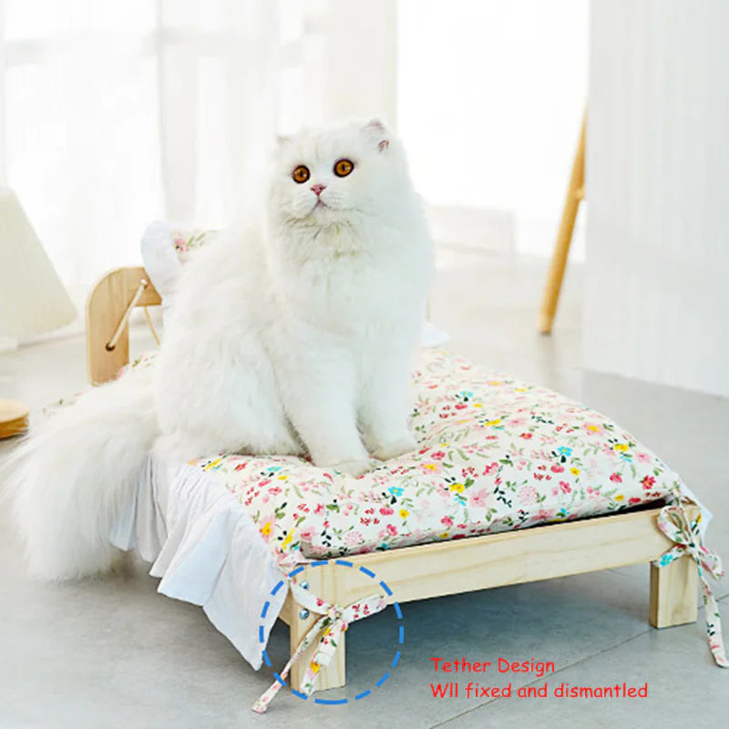 Solid Wood Cat Bed with Washable Cushion