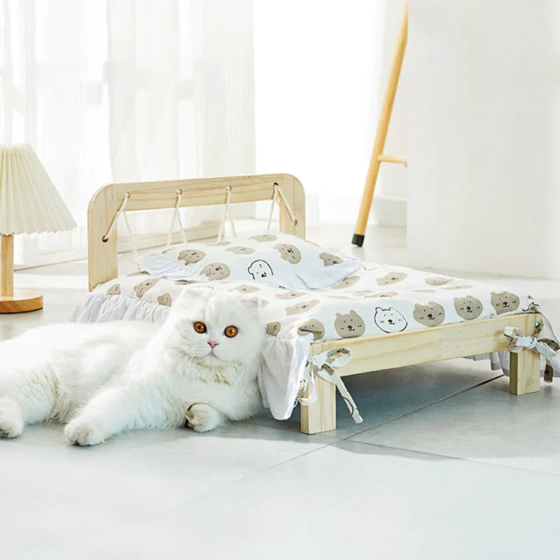 Solid Wood Cat Bed with Washable Cushion