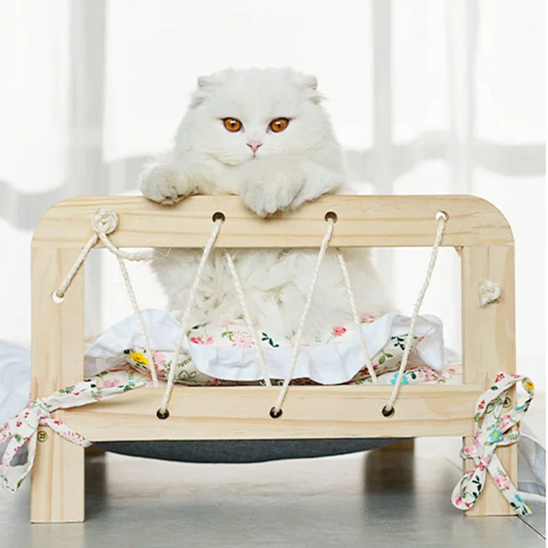 Solid Wood Cat Bed with Washable Cushion
