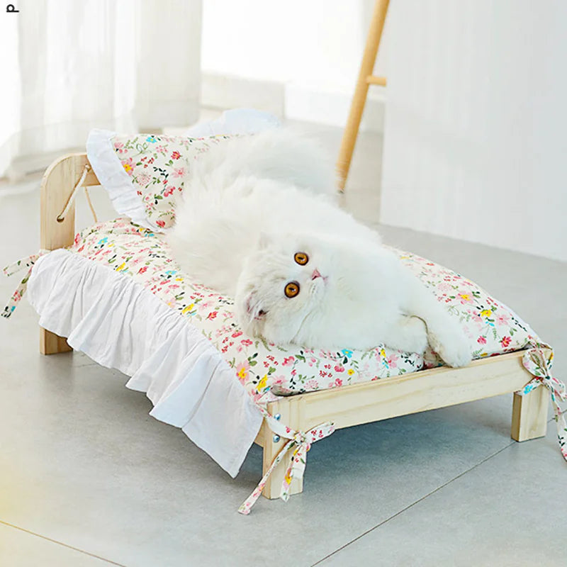 Solid Wood Cat Bed with Washable Cushion